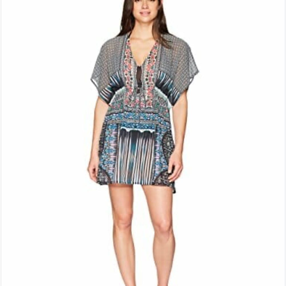 Coastal Blue Cinch Waist Bat Wing Sleeve Mixed Print tunic/Cover Up. Smal…